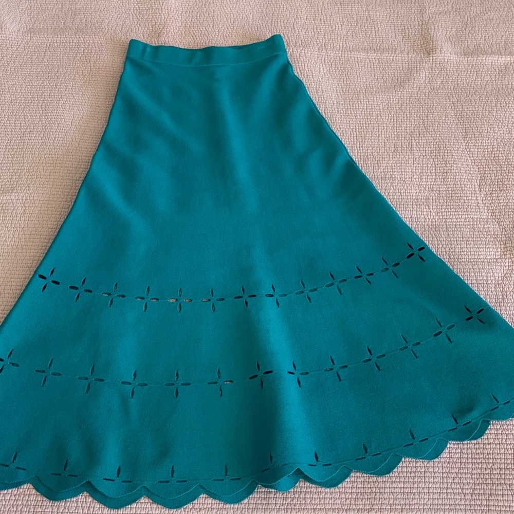 Sandro Teal A-Line Maxi Skirt with Laser-Cut Details